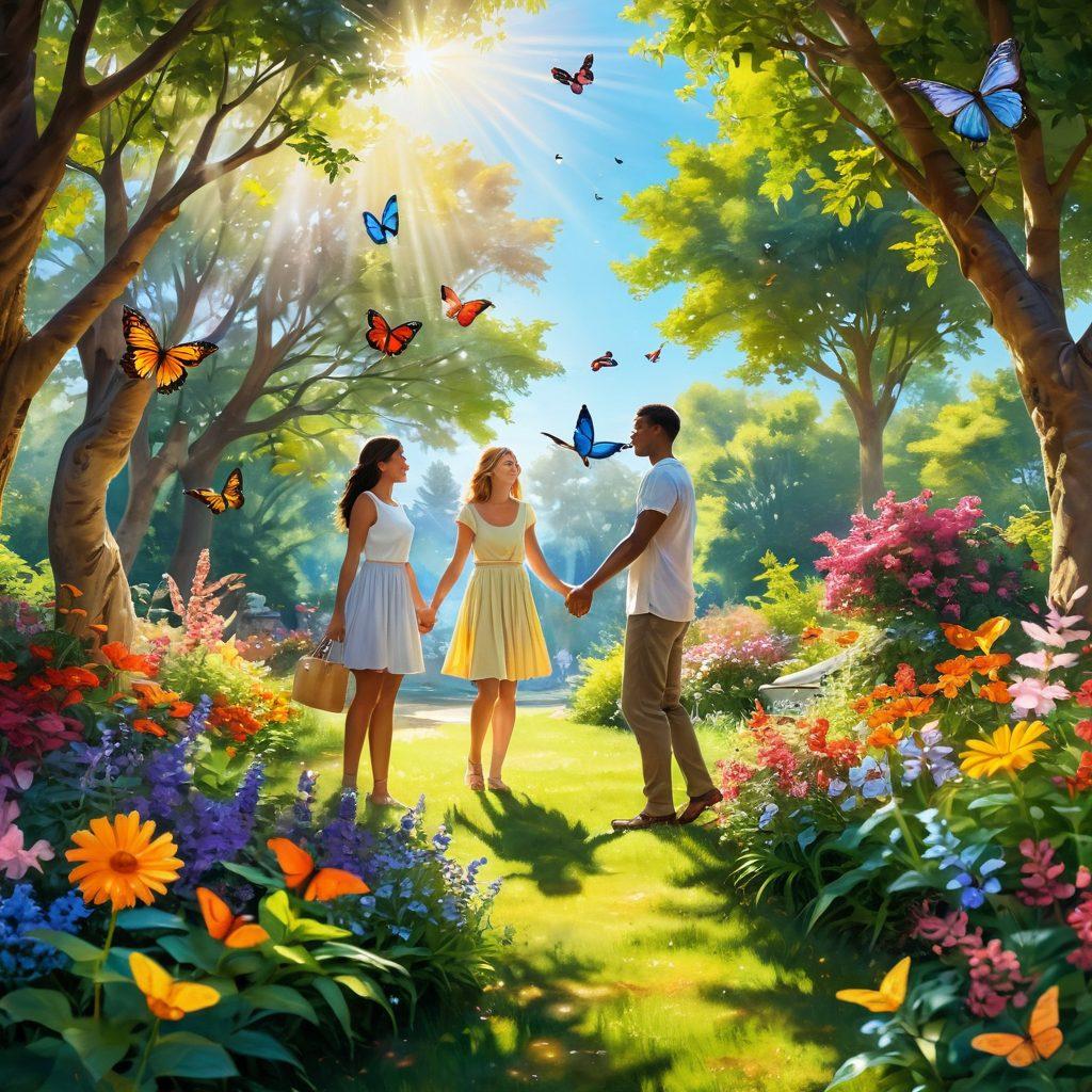 A serene landscape featuring two people joyfully interacting in a sunlit park, surrounded by vibrant flowers and greenery, embodying positivity and connection. Soft rays of sunlight create a warm atmosphere, while colorful butterflies flutter around them, symbolizing happiness and transformation. Include elements like playful animals and laughter to enhance the uplifting theme. super-realistic. vibrant colors. soft focus.