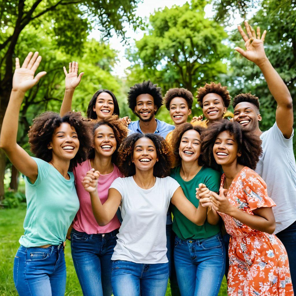 A vibrant and diverse group of friends of various ethnicities gathering in a lush green park, sharing laughter and joy, surrounded by nature. Emphasize their supportive gestures, like hugging and high-fiving. The background features colorful flowers and trees, symbolizing harmony and connection. The atmosphere is warm and inviting, radiating positivity. super-realistic. vibrant colors. 3D.