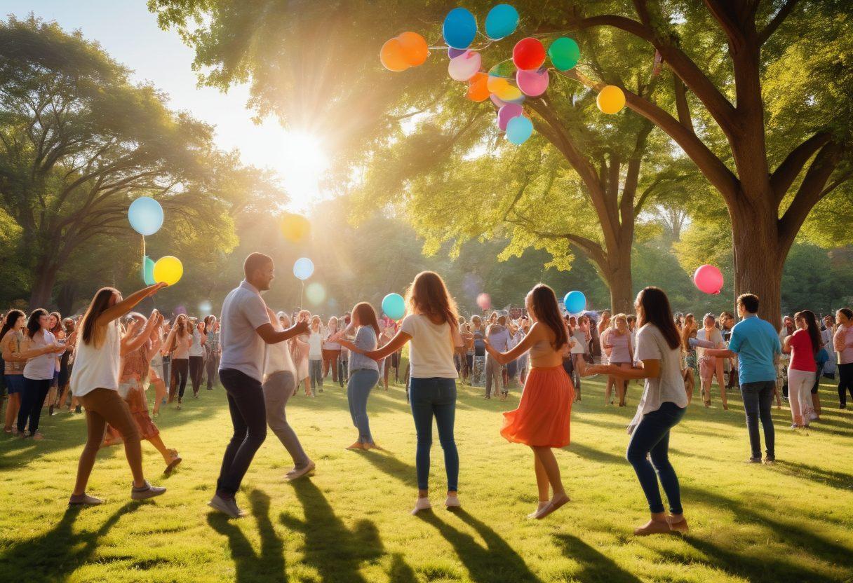 A vibrant community gathering in a park, showcasing diverse groups of people engaging in joyful activities like dancing, laughing, and sharing food. Colorful balloons and decorations adorn the scene, emphasizing a sense of togetherness. Soft sunlight filters through lush trees, enhancing the warmth of the moment. High-energy expressions and connections between individuals highlight positivity. super-realistic. vibrant colors. sunny atmosphere.